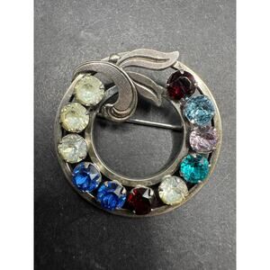 Vintage Sterling Silver 925 Round Open Circle Wreath Rhinestone Leaf Brooch Pin